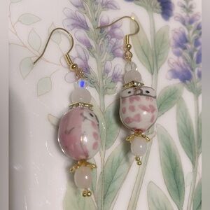 Pink Rose Quartz and Gold Owl Earrings